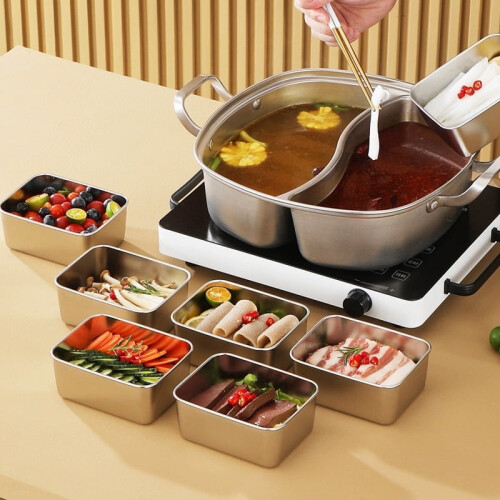 Bandeja rectangular de acero inoxidable para almacenar alimentos con tapa. 2
