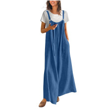 Macacão feminino casual de cor sólida com botões frontais e bolsos, calça comprida, modelo único, confortável, azul, tamanho M.