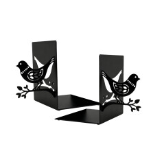 Zwarte metalen boekensteunen in de vorm van een vogelkooi, robuust en 18 cm lang.