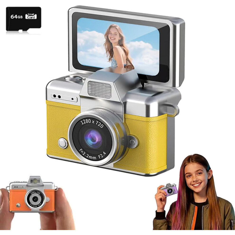 Mini Digital Camera 1.47" Lcd, 1080P Flip Screen, Built-In Flash, Keychain Design, 64Gb Card Included (Yellow) Yellow 9422877833825