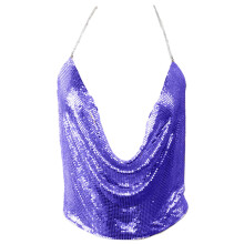 Top de fiesta/club de noche con lentejuelas metálicas brillantes, escote en V y espalda descubierta, estilo camisola, con cadena.