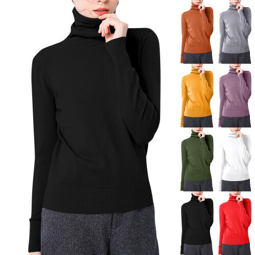 Damen-Rollkragenpullover, einfarbig, aus Baumwolle, gestrickt, schmale Passform