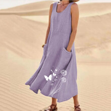 Women's Positioned Partial Print Dress Round Neck Sleeveless with Pockets Linen-Like Casual Midi Dress Lightweight Summer Beach Dresses for Ladies
