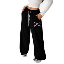 Girls Bow Drawstring Pants Loose Fit Lightweight Straight Leg Athletic Casual Joggers for Play and Everyday Comfort,Z04 Black,6-7 Years