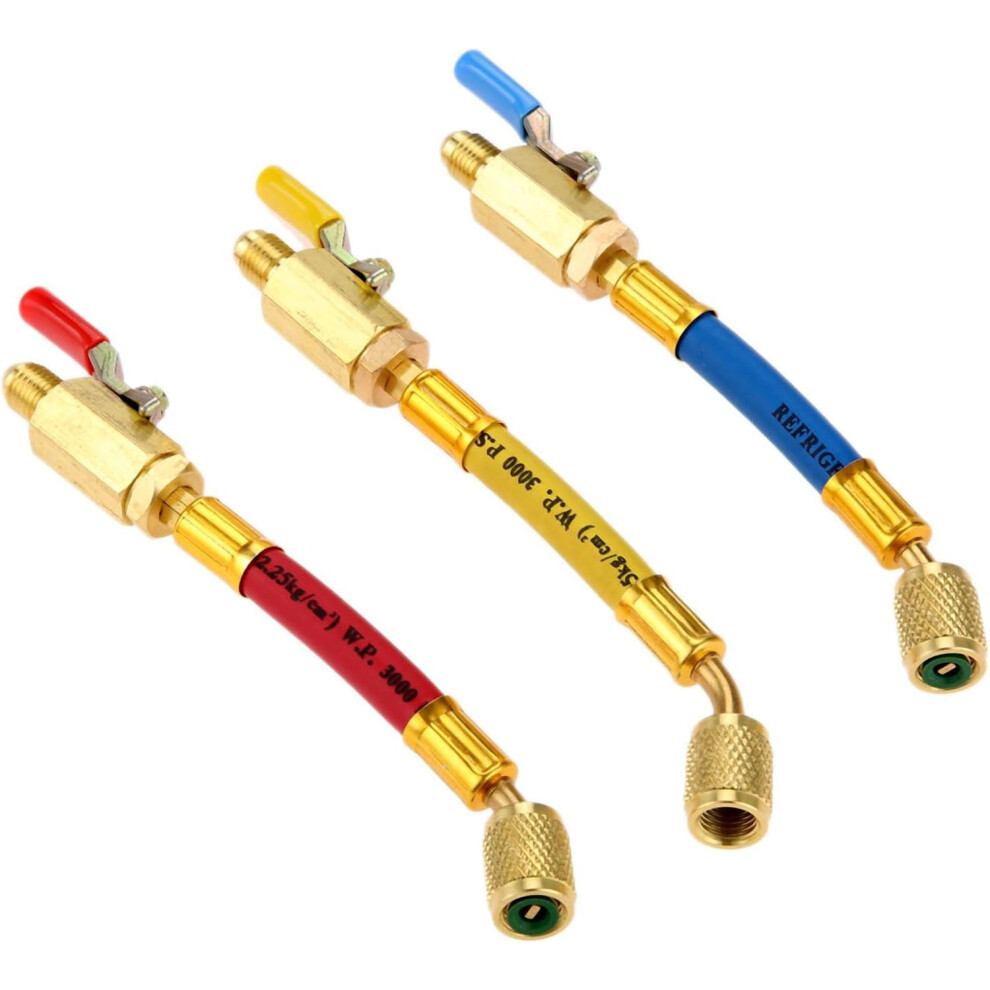 R134a/R410a/R22/R12 Ac Charging Hoses & Ball Valve Set Â 3 Pcs Color-Coded, 1/4" Sae, 7" Long, Compatible With Hvac Refrigeration Tools 9422877346325