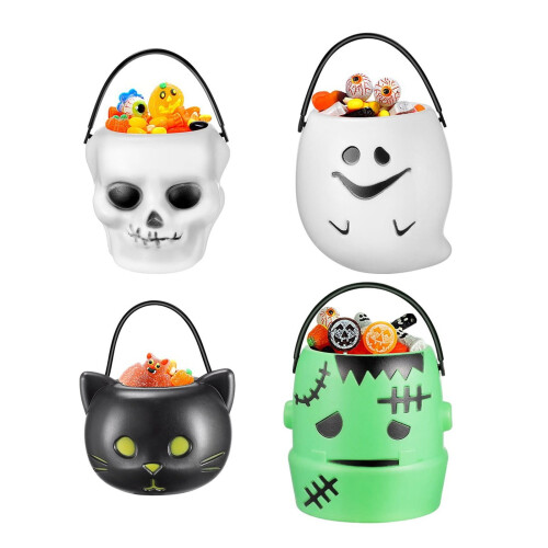 Balde de doces de Halloween com alça e placa de "Doces ou Travessuras". 2