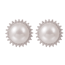 "Sunburst" Sterling Silver & Freshwater Pearl Stud Earrings for Women, White Pearl with Zirconia Halo Bridal Wedding Jewelry Gift