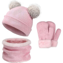 3PCS Fashion Winter Kids Hat and Gloves Set for Boys Girls Toddler Pompom Knit Thick Warm Beanie for Cold Weather