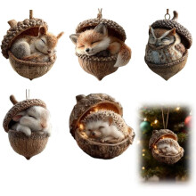 Pine Cone Animal Ornament, Woodland Acorn Forest Decor for Christmas Tree – 2D Acrylic Sleeping Animals, Brown (5 pcs)