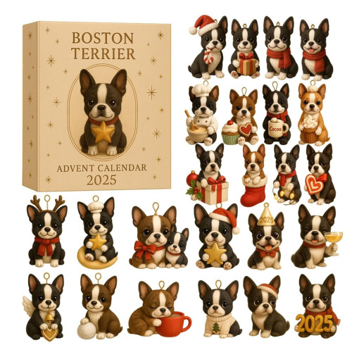 Ημερολόγιο Advent Boston Terrier 2025 – 24ήμερη αντίστροφη μέτρηση με ακρυλικό στολίδι, δώρο 1