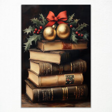 Tableau vintage sur toile de Noël, nature morte rustique avec livres, affiche Joyeux Noël – Compatible avec un décor Dark Academia