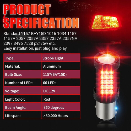 2x1157 66LED φλας φλας ασφαλείας φρένου στοπ πίσω φως στάθμευσης φωτεινό κόκκινο 1