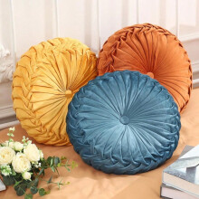3 pcs 15" round pleated throw pillows—yellow, brown, blue; boho pumpkin accent cushions for couch, sofa, chair; home decor. Compatible with standard