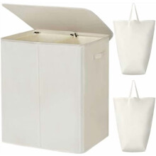 140L Double Laundry Hamper with Lid & Removable Bags, 2-Section Collapsible Basket for Dorm/Bedroom/Bathroom – Beige
