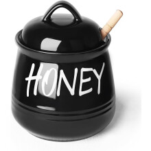 Porcelain Small Honey Jar with Lid and Honey Dipper 12oz