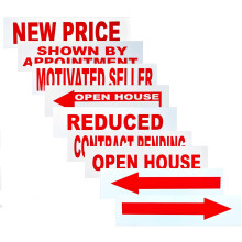 8-Pack Real Estate Rider Signs 6"x24" – NEW PRICE, SHOWN BY APPOINTMENT, MOTIVATED SELLER, REDUCED, OPEN HOUSE ARROW, CONTRACT PENDING