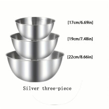 3Pcs A set of three stainless steel bowls for mixing, kneading dough, and serving salads, suitable for kitchen use.