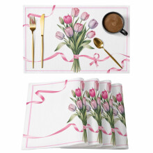 Set van 6 placemats met landelijke tulpenprint, roze lintrand, antislip en wasbaar, geschikt voor binnen en buiten.