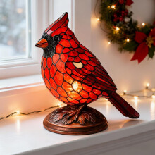 Luminária de mesa artesanal em vitral com pássaro vermelho, modelo Cardinal (1 peça).