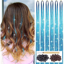 Kit de extensiones de cabello con purpurina azul cielo con herramienta, 6 unidades, 1200 mechones, extensiones de cabello con purpurina brillante,