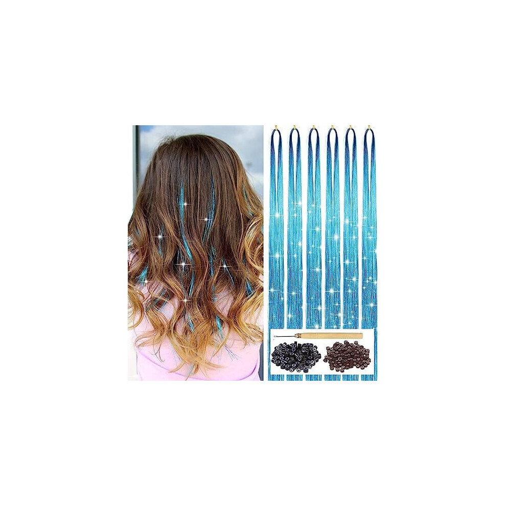 Unisex Blue Sky Hair Tinsel Kit With Tool 6 Count 1200 Strands Glitter Tinsel Hair Extensions Sparkling Shiny Fairy Hair Accessories For Women Girls 47Inch