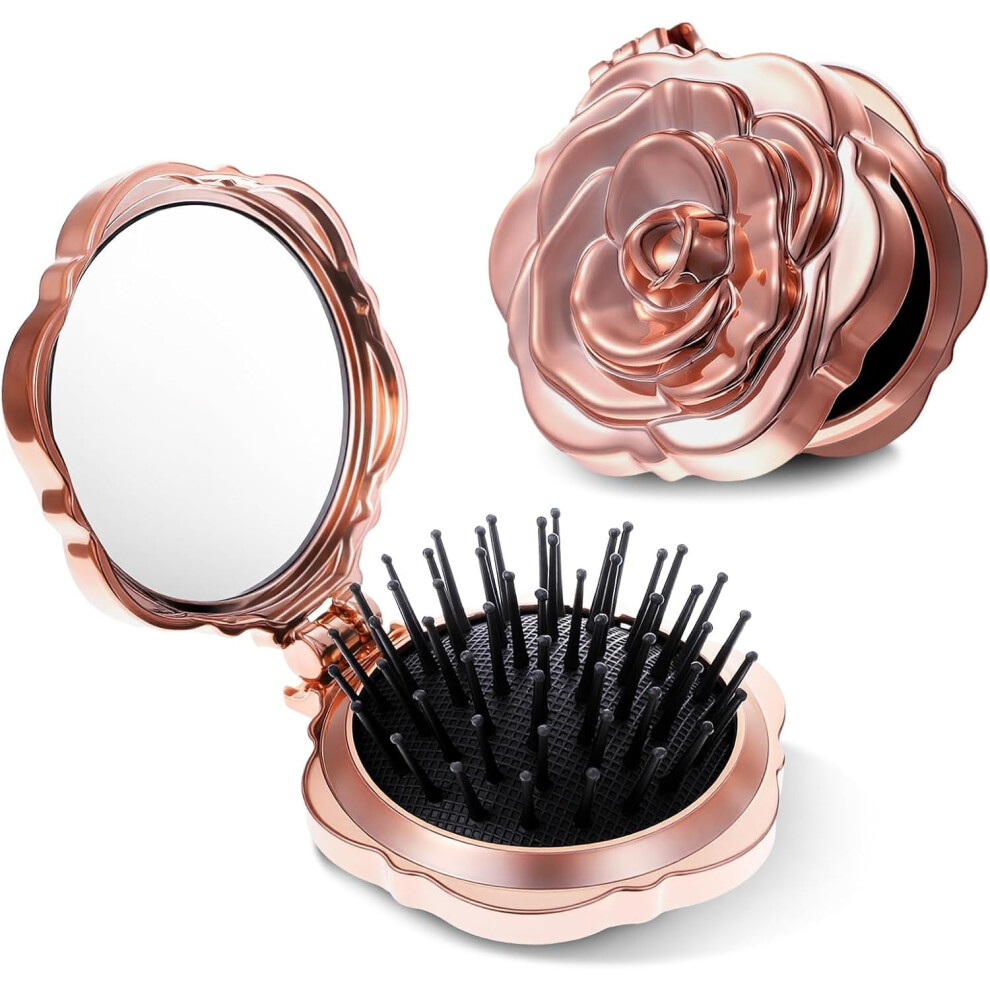 Gold 2Pcs Rose Folding Hair Brush For Women, Compact Mini Brush With Mirror, Portable For Wet/Dry Hair Â Compatible With Travel