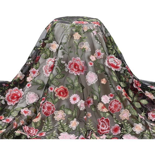 Tecido de tule floral de 1 jarda (49 polegadas) com bordado de flores, renda e malha para acessórios de vestuário.