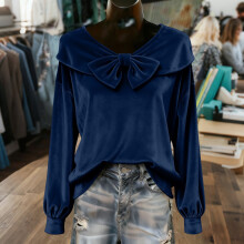 Damen-Bluse mit Schleife aus Samt, einfarbig, langärmlig, aus weichem, luxuriösem Stoff, modischem Rundhalsausschnitt und hohem Tragekomfort –