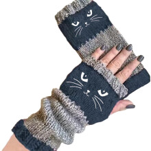 Damen-Strickhandschuhe ohne Finger mit Katzenmotiv, ein Paar