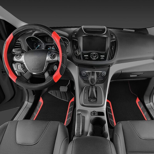 Conjunto de capa de volante em couro e tapetes de microfibra impermeáveis – Ajuste universal para 95% dos sedãs/SUVs, 14,5-15 polegadas, 1