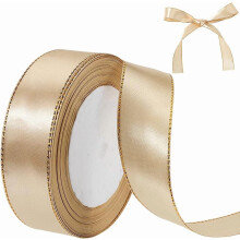 24 meter 1" champagnefärgat satinband med guldkant, polyestersiden metallic, dubbel guldkant – bulk för hantverk, bröllop, presentinslagning,