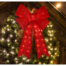 Guirlanda de Natal iluminada Bootesun de 81 cm (32") com laço – Enfeite de árvore vermelho com glitter para uso interno/externo, casamentos,