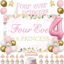 Decoraciones de cumpleaños de princesa para niñas de 4 años: fondo de corona rosa, globo de aluminio con el número 4, adornos para cupcakes,