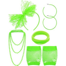 14-Pc 80s Retro Shining Accessories Set: Earrings, Necklace, Lace Hairband, Mesh Gloves, Bracelet – Compatible with Retro Party & Cross-Dressing