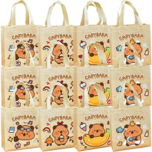 Herbruikbare draagtassen met capibara-print, 12 stuks non-woven cadeautassen met handvatten voor feestjes.