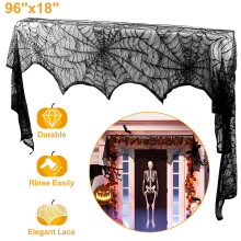 1 écharpe de cheminée en dentelle noire motif toile d'araignée (96 x 18 pouces), décoration d'Halloween et de Noël pour cheminée, porte,
