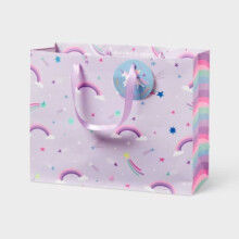 Grand sac cadeau d'anniversaire licorne arc-en-ciel avec étiquette violette