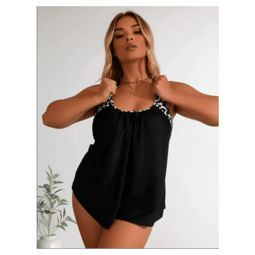 Σετ Tankini Plus Size με Λεοπάρ Στάμπα – Tummy Control, Μαγιό 2 τεμαχίων με Σορτς & Μονόχρωμο Τοπ 2