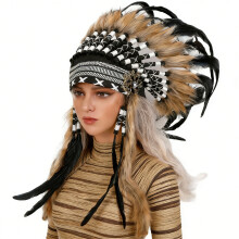 Tribe Chief Hairband Colorful Feather Headpiece Kokoshnik-Black