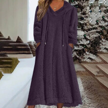 Women's Solid Color Homewear Nightdress Hooded Drawstring Crew Neck Long Sleeve with Pockets Soft Warm Home Sleep Dress for Women