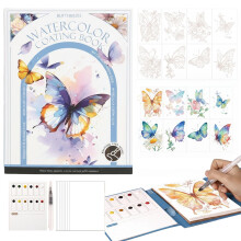 Libro de pintura a la acuarela para adultos con pinceles y pigmentos.
