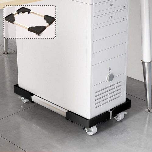 Supporto per computer in metallo con ruote e altezza regolabile.