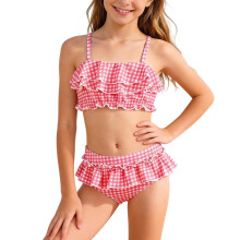 Maillot de bain tankini rose à rayures pour filles de 7 à 8 ans, avec bords à volants, adorable maillot de bain pour la plage et la piscine