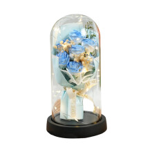 Bouquet de roses bleues préservées - 7 roses et gypsophile sous lampe avec abat-jour en verre, cadeau romantique pour la Saint-Valentin pour les