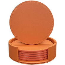 Set van 6 zachte leren onderzetters, 10 cm rond met stiksels, geschikt voor diverse kopjes en houten tafels, woondecoratie (oranje)