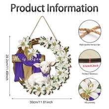 Décoration de porte en bois « Il est ressuscité » pour Pâques 2026, croix plate, cadeau symbolique et décoration printanière chaleureuse pour