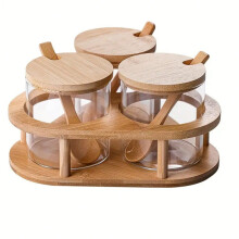Multifunctionele glazen kruidenpotjesset met houten deksels en driehoekig dienblad - Keukenopbergcontainers