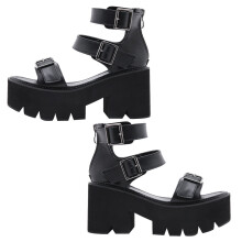 Damessandalen met dikke zool in zwart, comfortabele schoenen van PU-microvezel, stijlvol design, verkrijgbaar in verschillende maten.