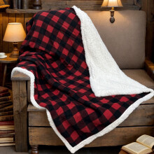 Double Layer Lambswool Fleece Throw Blanket 51" x 59" Warm Soft Striped Couch Bed Cozy Microfiber Ribbed Decor Red