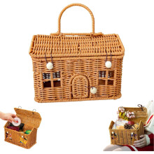Handmade Rattan House-Shaped Picnic Basket with Handle & Lid – Vintage Rustic Portable Garden Harvest Basket, Compatible with Easter